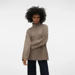 VERO MODA Pull col montant manches évasées Femme MARRON Discount