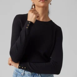 VERO MODA Pull col rond bouton poignet maille fine Femme NOIR Outlet