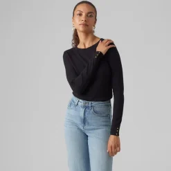 VERO MODA Pull col rond bouton poignet maille fine Femme NOIR Outlet