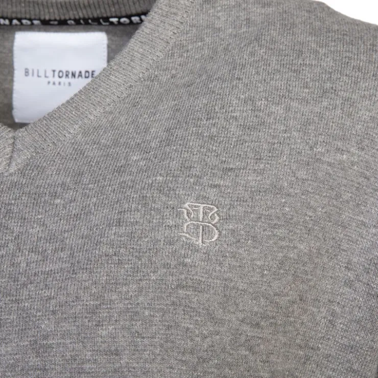 BILL TORNADE Pull col v maille fine manches longues Homme GRIS Discount