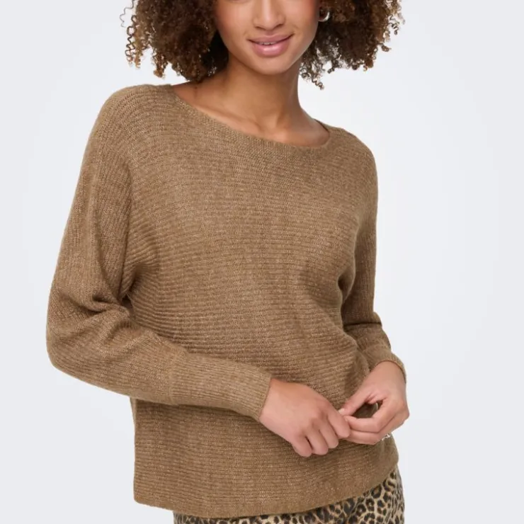 ONLY Pull dani maille tricotée col bateau Femme MARRON CLAIR Sale