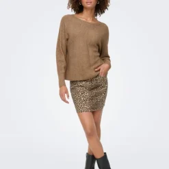 ONLY Pull dani maille tricotée col bateau Femme MARRON CLAIR Sale