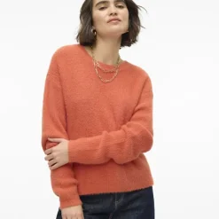 VERO MODA Pull en maille puff col rond Femme ORANGE Clearance