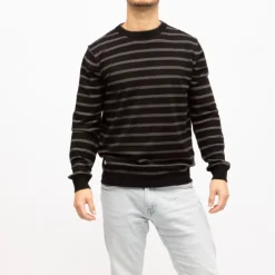 DEELUXE 74 Pull fin col rond à rayures Homme NOIR Outlet