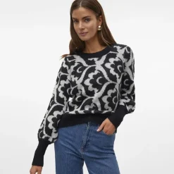 VERO MODA Pull jacquard Tari birch imprimé fleurs Femme NOIR Hot