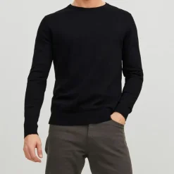 JACK & JONES Pull maille coton col rond tissu tricoté Homme NOIR Clearance