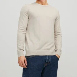 JACK & JONES Pull maille coton col rond tissu tricoté Homme BEIGE Discount
