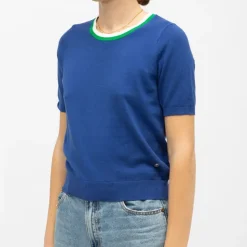 LA PETITE ETOILE Pull maille fine col coloré mae manches courtes Femme BLEU Clearance