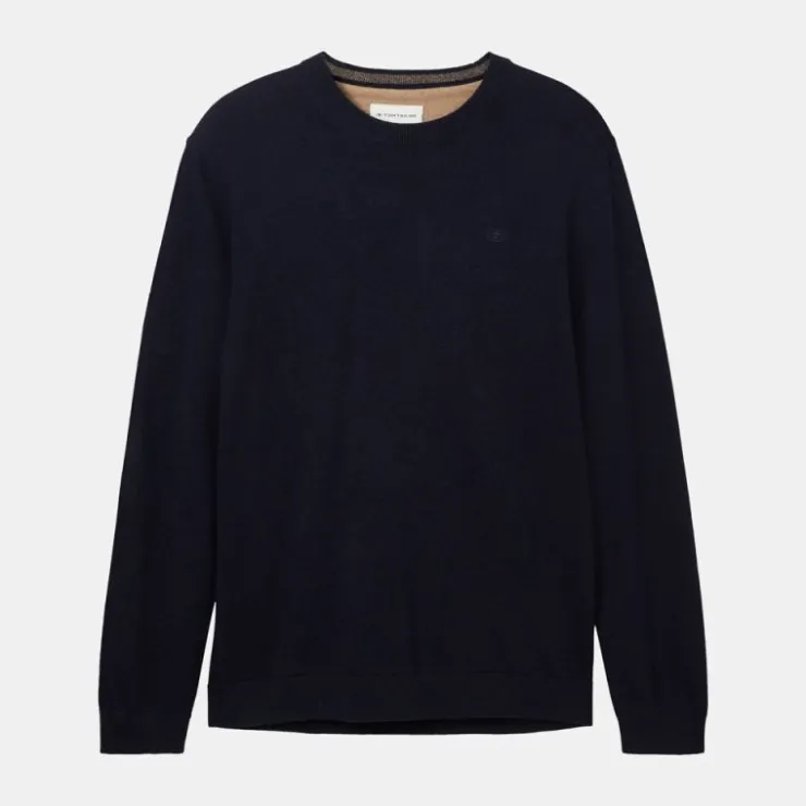 TOM TAILOR Pull maille fine col rond Homme BLEU FONCE Clearance