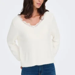 ONLY Pull maille piumo col v à dentelle Femme BLANC ECRU Hot