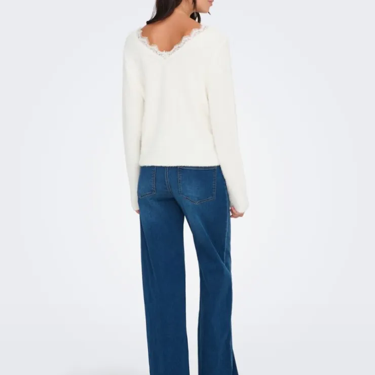 ONLY Pull maille piumo col v à dentelle Femme BLANC ECRU Hot