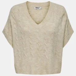 ONLY Pull manches courtes col V torsades oversize onlmalou Femme BLANC ECRU Hot