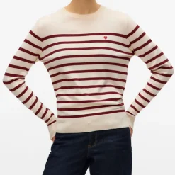 VERO MODA Pull marinière dory avec coeur brodé rouge col rond Femme BORDEAUX Best