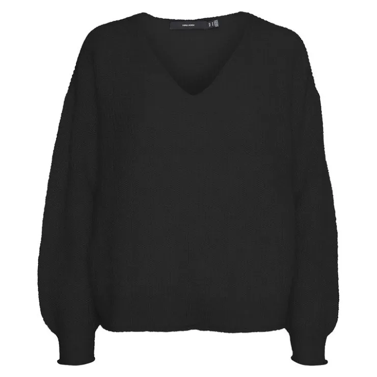 VERO MODA Pull Mili manches ballons col v en maille fine Femme NOIR Discount