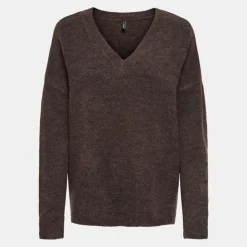 ONLY Pull regular talio col v manches longues Femme MARRON FONCE