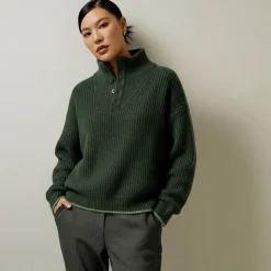 LA PETITE ETOILE Pull sierra col montant à boutons Femme VERT FONCE Discount