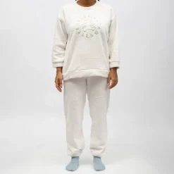 LULU CASTAGNETTE Pyjama polaire doux col rond pantalon regular Femme BLANC ECRU New