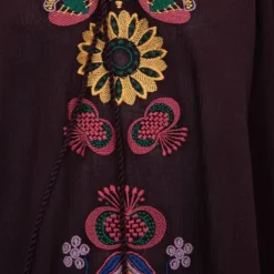 ANTIK BATIK Robe caftan manches 3/4 magoo broderie fleurie Femme MARRON New