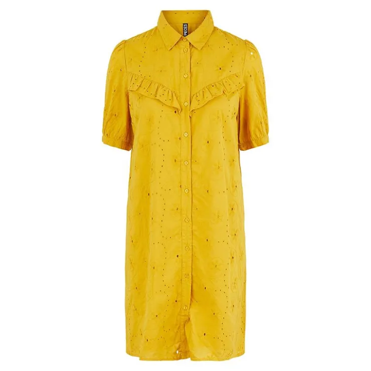 PIECES Robe chemise broderie anglaise Femme JAUNE New