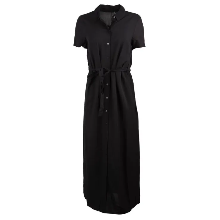 VERO MODA Robe chemise longue ceinturée avec fente avant Femme NOIR New