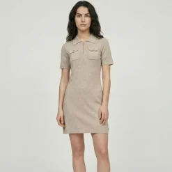 LES TROPEZIENNES PAR M.BELARBI Robe col polo maille fine col zippé doré meandre Femme MARRON CLAIR New