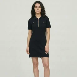 LES TROPEZIENNES PAR M.BELARBI Robe col polo maille fine col zippé doré meandre Femme NOIR New