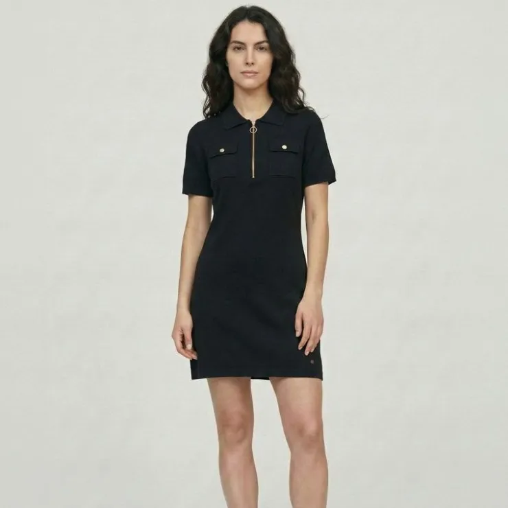 LES TROPEZIENNES PAR M.BELARBI Robe col polo maille fine col zippé doré meandre Femme NOIR New