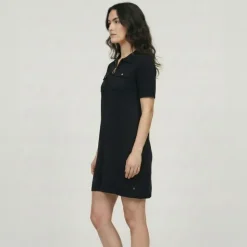 LES TROPEZIENNES PAR M.BELARBI Robe col polo maille fine col zippé doré meandre Femme NOIR New