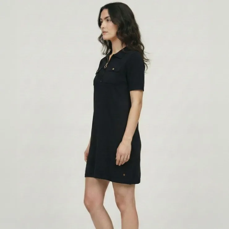 LES TROPEZIENNES PAR M.BELARBI Robe col polo maille fine col zippé doré meandre Femme NOIR New