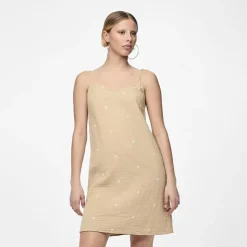 PIECES Robe courte à bretelles brodée en gaze de coton Femme BEIGE Online