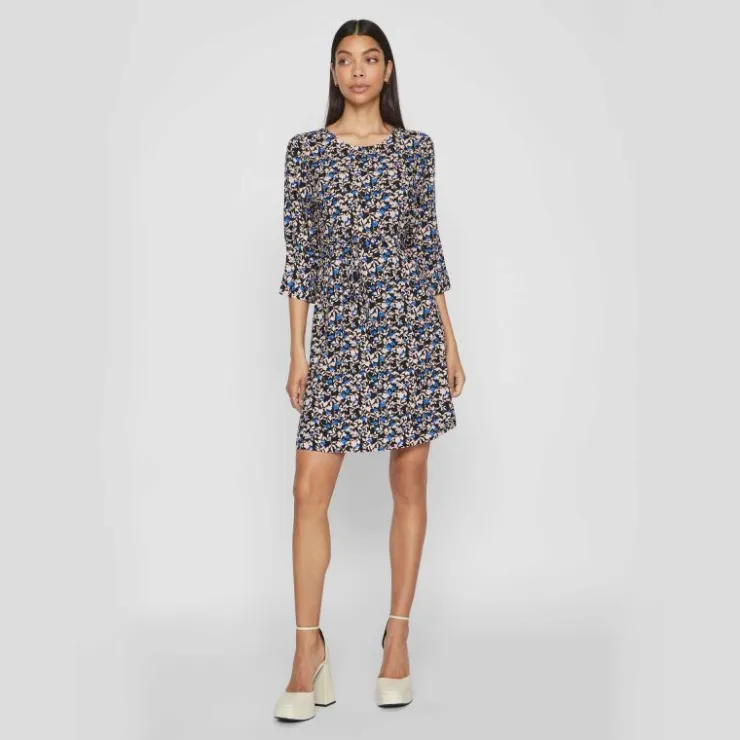 VILA Robe courte manches 3/4 imprimée floral Femme NOIR Discount