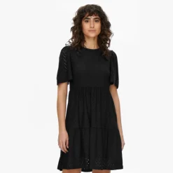 JDY Robe courtes manches courtes trapèze ajouré uni Femme NOIR Discount