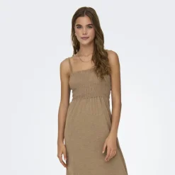 JDY Robe longue à bretelles froncée poitrine Femme MARRON CLAIR