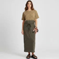 JOSEPH 'IN Robe longue t-shirt coton alicia à rayures Femme KAKI