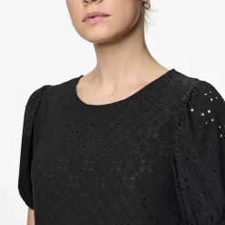 PIECES Robe manches courtes en broderie anglaise Femme NOIR New