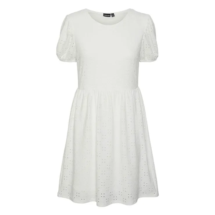 PIECES Robe manches courtes en broderie anglaise Femme BLANC Discount