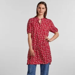 PIECES Robe manches courtes imprimé viscose lenzing ecovero Femme ROUGE Hot