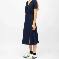 LA PETITE ETOILE Robe mi longue marine ruby col V manches courtes Femme BLEU FONCE