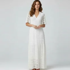 HOLLY AND JOEY Robe miami dentelle manches courtes col v Femme BLANC ECRU