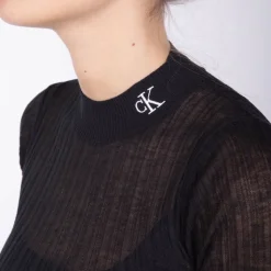 CALVIN KLEIN Robe moulante courte maille fine doublure col montant e Femme NOIR Hot