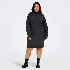 ONLY CARMAKOMA Robe pull longue en maille col montant manches ballons Femme GRIS FONCE Clearance