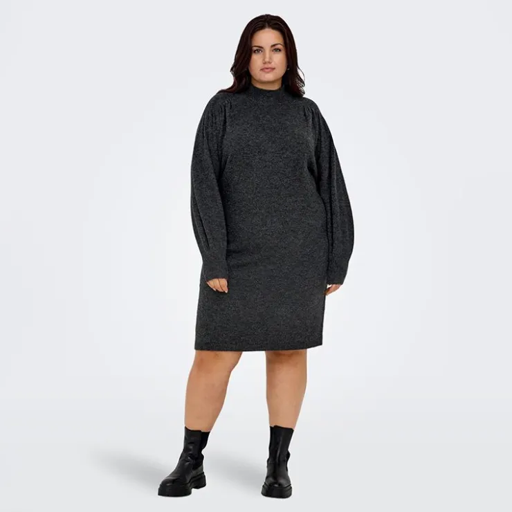 ONLY CARMAKOMA Robe pull longue en maille col montant manches ballons Femme GRIS FONCE Clearance