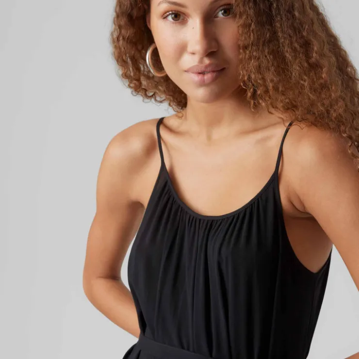 VERO MODA Robe unie à fines bretelles longueur midi volant Femme NOIR Best
