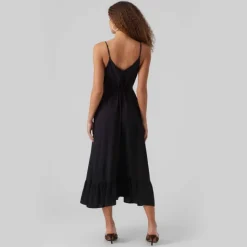 VERO MODA Robe unie à fines bretelles longueur midi volant Femme NOIR Best