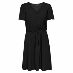 VERO MODA Robe unie col V manches courtes resserrée à la taille Femme NOIR Sale
