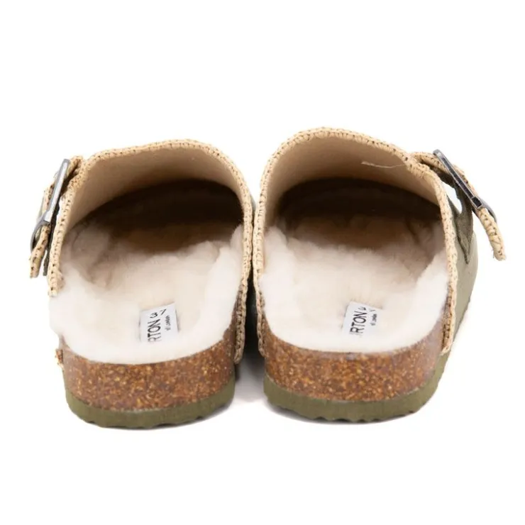 BURTON OF LONDON Sabots fourrés liseré crochets Sunny Femme KAKI Sale