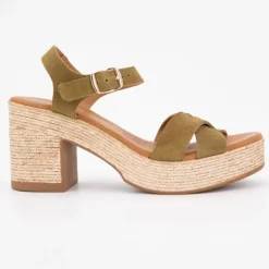 CARLA TORTOSA Sandales à talons cuir avec boucle dorée Femme KAKI Sale