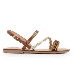 LES TROPEZIENNES PAR M.BELARBI Sandales batresse leopard tan avec tresse en cuir dorée Femme MARRON CLAIR Sale