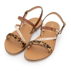 LES TROPEZIENNES PAR M.BELARBI Sandales batresse leopard tan avec tresse en cuir dorée Femme MARRON CLAIR Sale