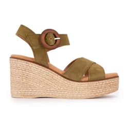 BIOSTOCK Sandales compensées cuir military boucle bois Femme KAKI Hot